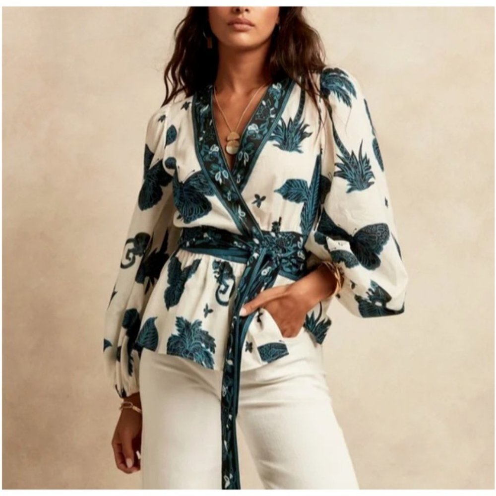 Banana Republic Wrap Shirt Size Large L Butterflies Monkeys White Blue Blouse